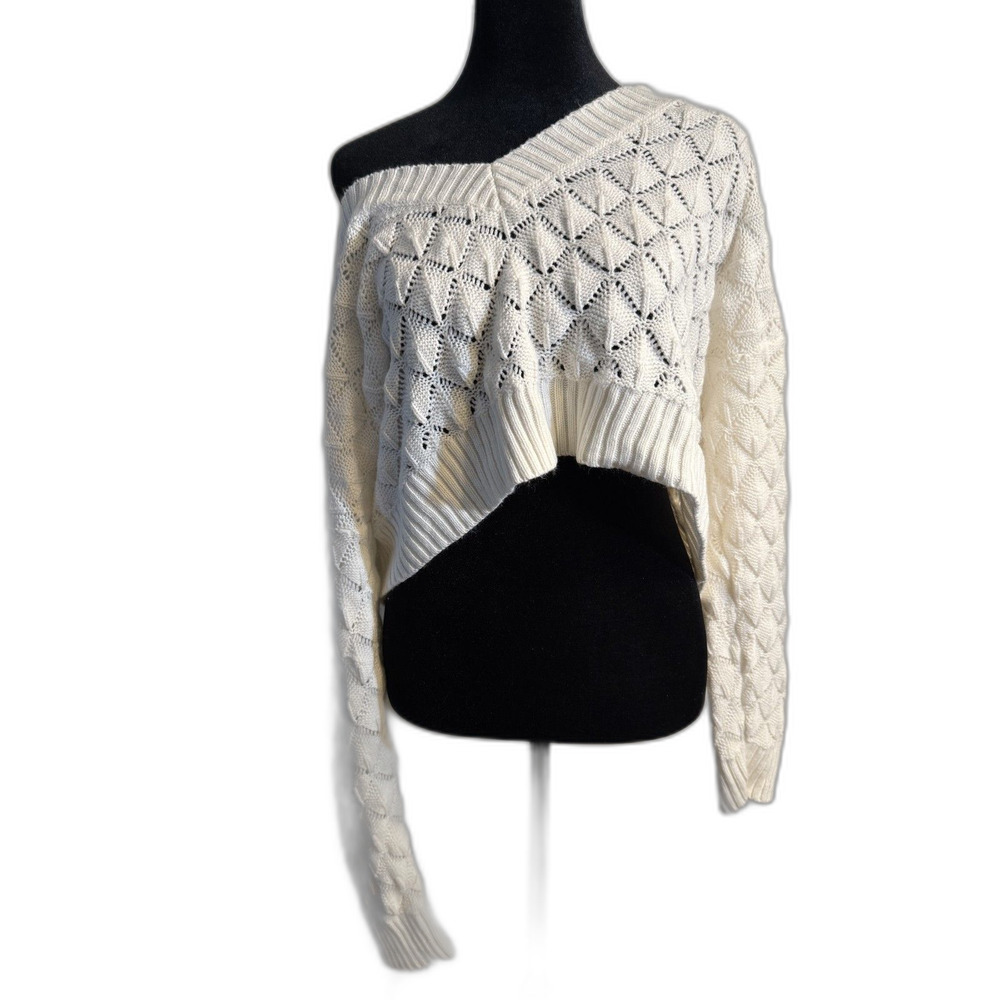 White Off-Shoulder Open Knit Crop Sweater — Long Sleeve, Size M